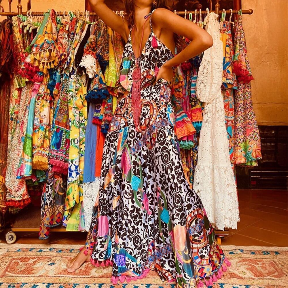 Multicolor Printed V-Neck Boho Jumpsuit with Tassel Detail